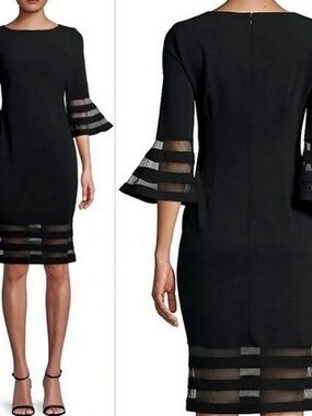 Calvin Klein Black Sheer-Striped Bell Sleeve Midi Dress